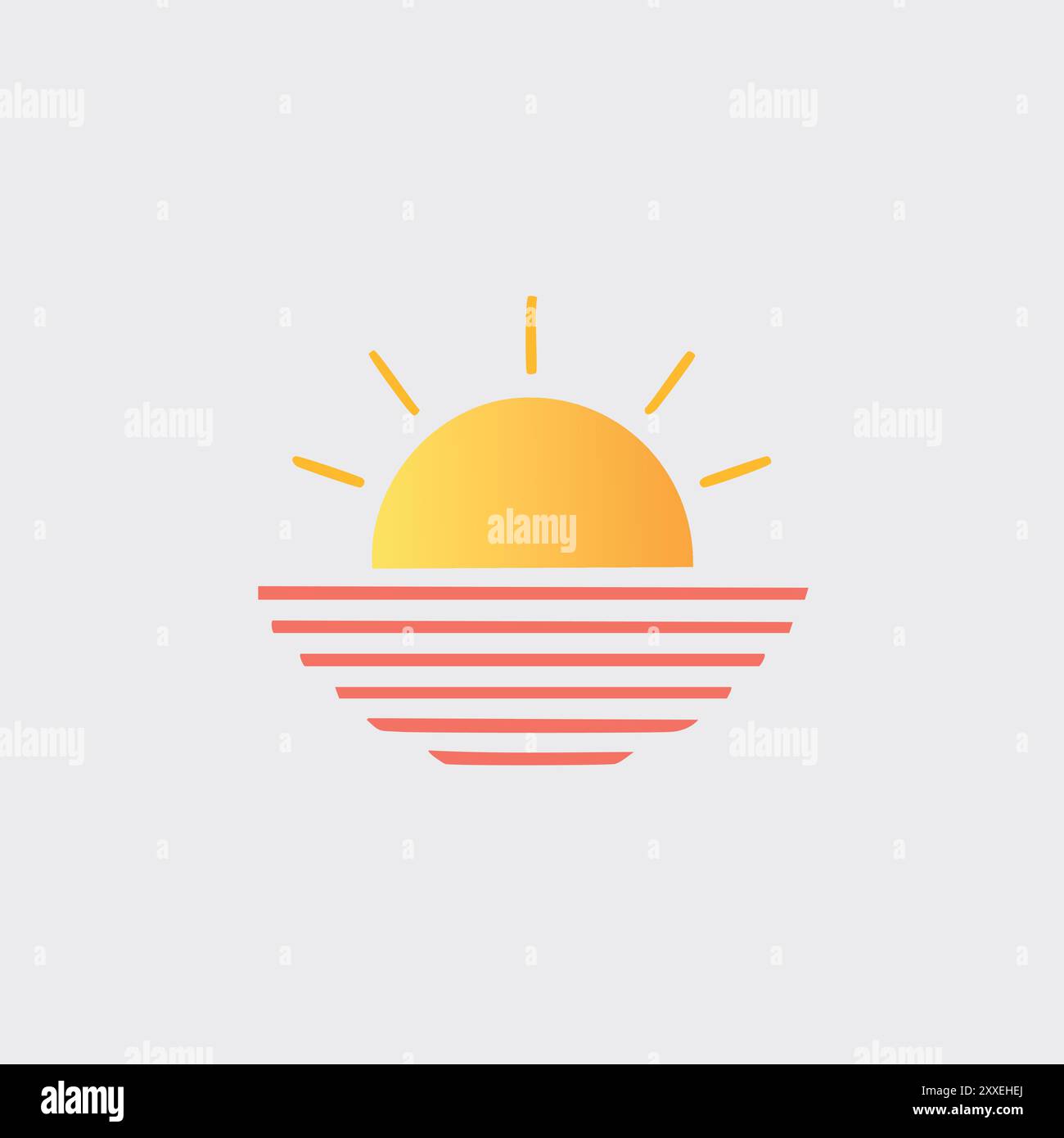 Design minimaliste du logo coucher de soleil. Un design de logo de coucher de soleil simple et élégant avec un coucher de soleil jaune derrière un horizon de rayures rouges. Parfait pour une utilisation en b Illustration de Vecteur