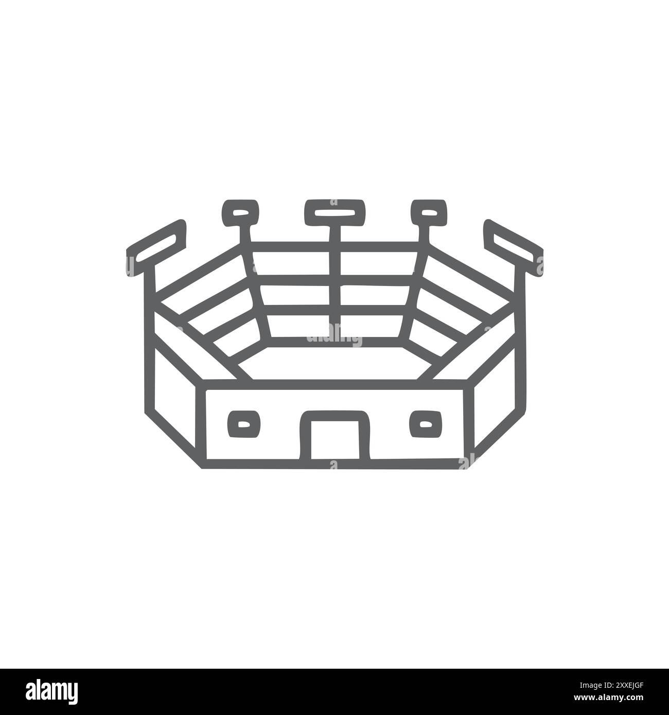 Illustration vectorielle d'icône de contour de stade. Simple dessin au trait d'un stade avec gradins, lumières et une entrée. Idéal pour le sport, la compétition et Illustration de Vecteur