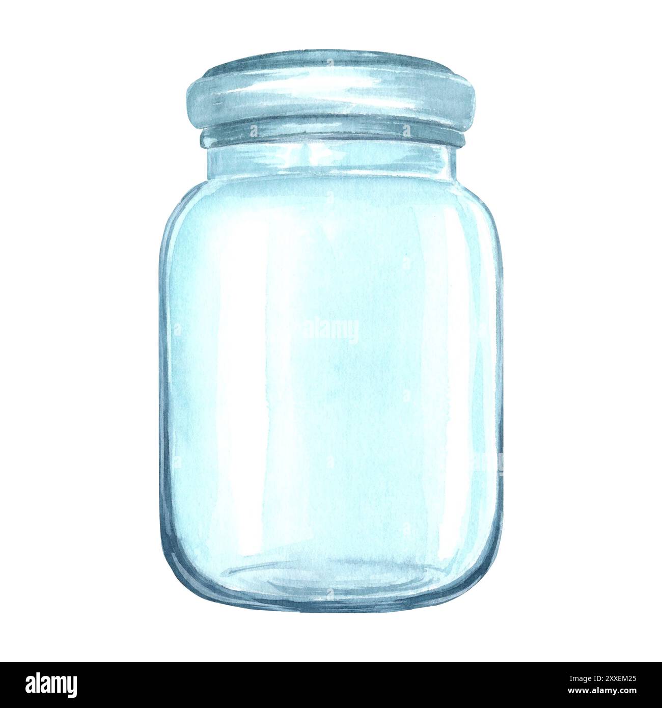 Pot vide en verre avec couvercle. Vase transparent pour fleurs. Illustration d'aquarelle dessinée à la main isolée. Bouteille, RECIPIENT pour liquide ou MEDICAMENT. Cuisine Banque D'Images