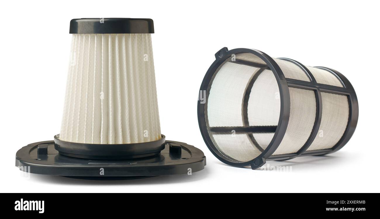 Aspirateur ménager filtre à poussière HEPA avec fond blanc isolé de couverture de maille, concept d'équipement ménager de service, capture de filtration de cartouche Banque D'Images