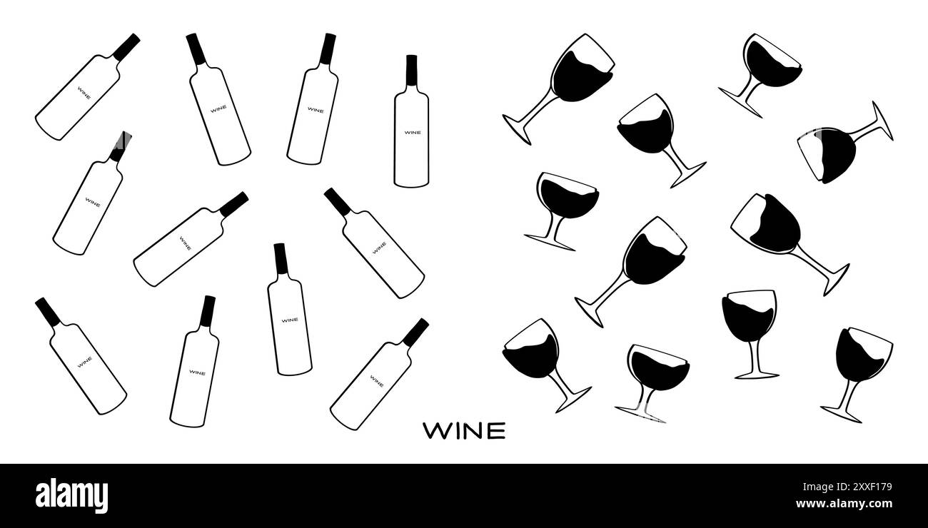 Illustration abstraite de bouteilles de vin et de verres présentant un design ludique avec des couleurs et des formes contrastées pour les amateurs de boissons Illustration de Vecteur