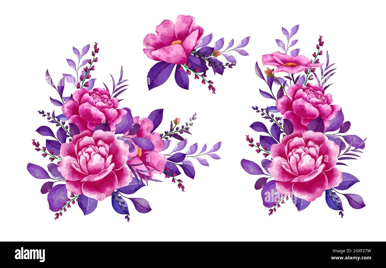 Fleurs et feuilles roses à l'aquarelle sur fond blanc isolé Illustration de Vecteur