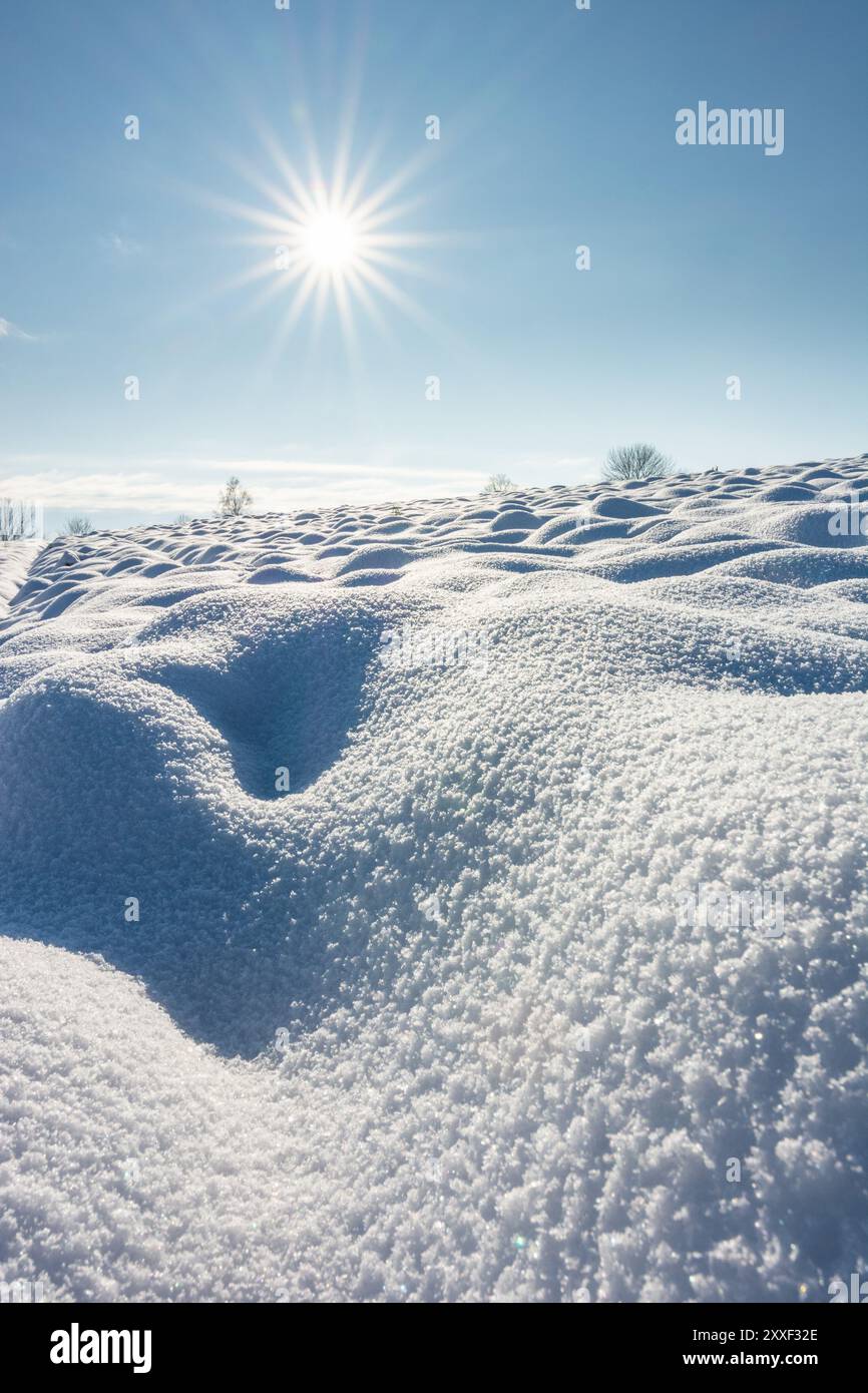 Paysage d'hiver de neige fraîche à partir d'un angle bas, structure détaillée de la neige, vue unique et irremplaçable, hiver et temps ensoleillé givré, image verticale Banque D'Images