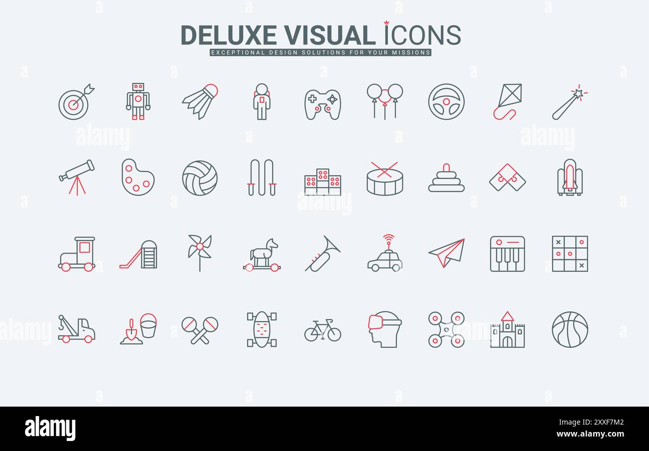 Jouets pour bébés enfants, aire de jeux et équipement de parc, jeux enfantins icônes de ligne. Jardin d'enfants et bac à sable, jouets de zone de loisirs, illustration vectorielle de symboles de contour noir et rouge minces de loisirs Illustration de Vecteur