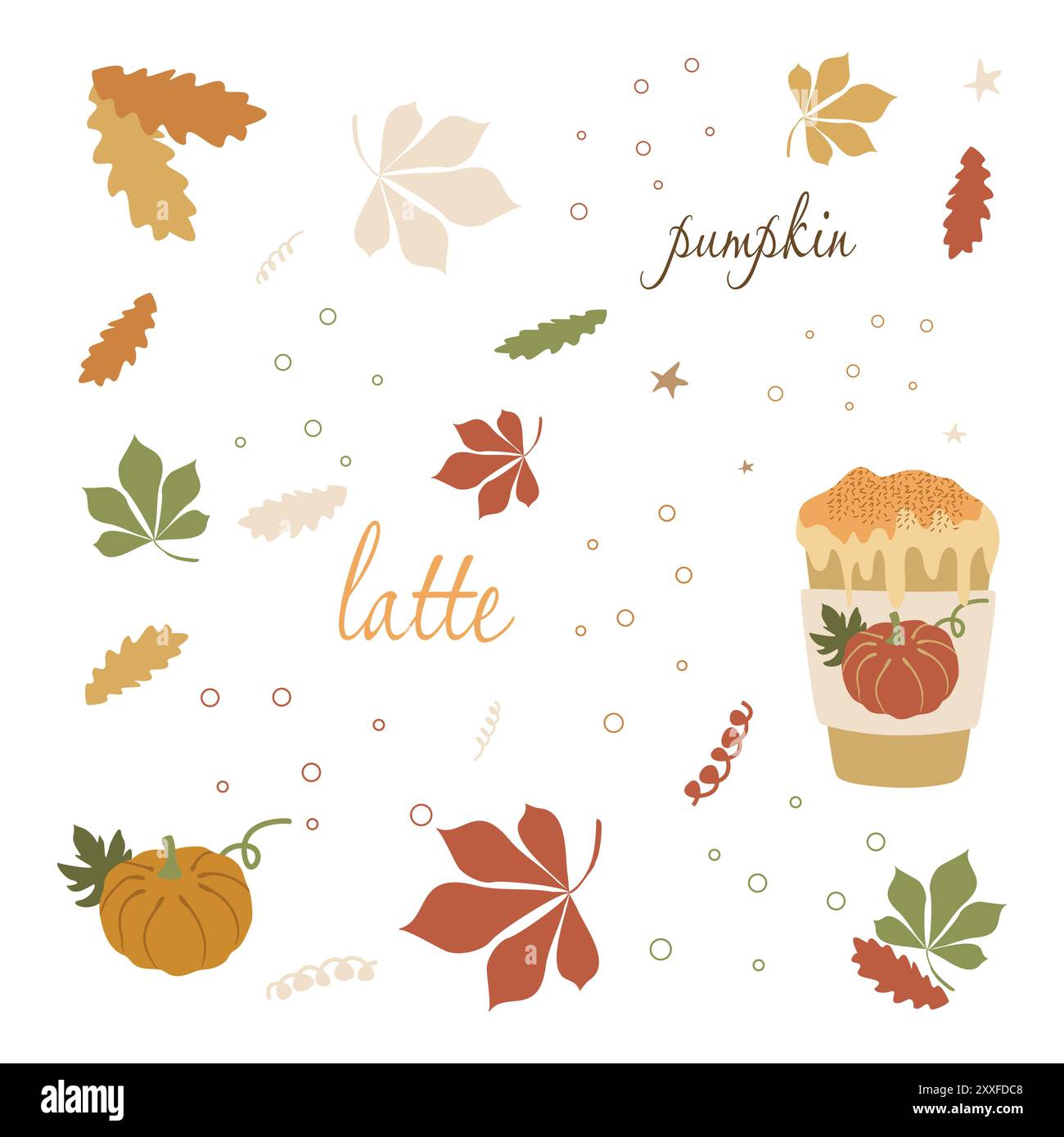 Ensemble de produits saisonniers aromatisés à la citrouille épices, café, latte. Boisson d'automne isolée sur fond blanc. Collection d'éléments vectoriels et Botany il Illustration de Vecteur