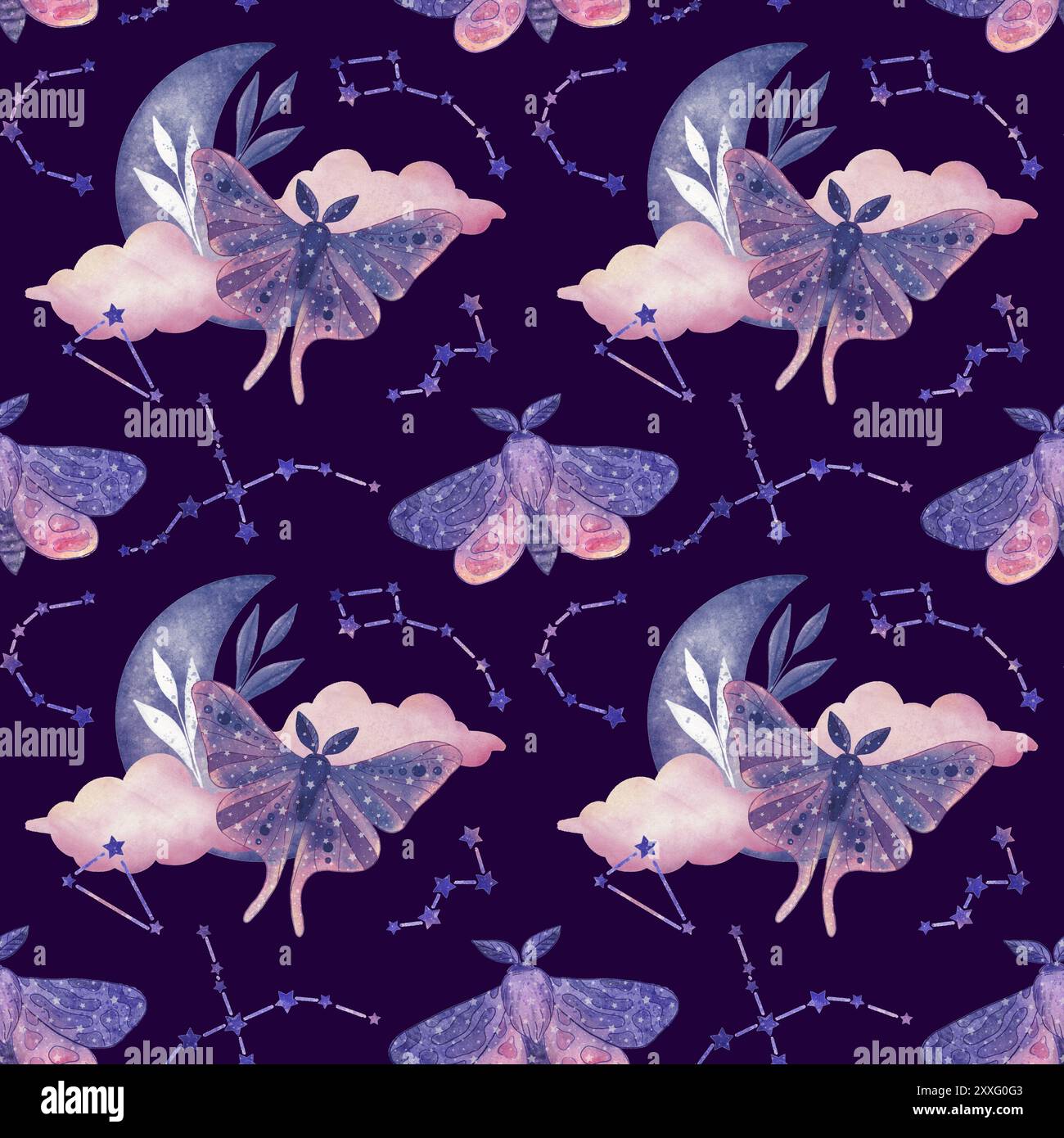 Élégant motif céleste sans couture avec des papillons. Fond magique boho avec des éléments d'espace violets, étoiles, nuages, lune Banque D'Images