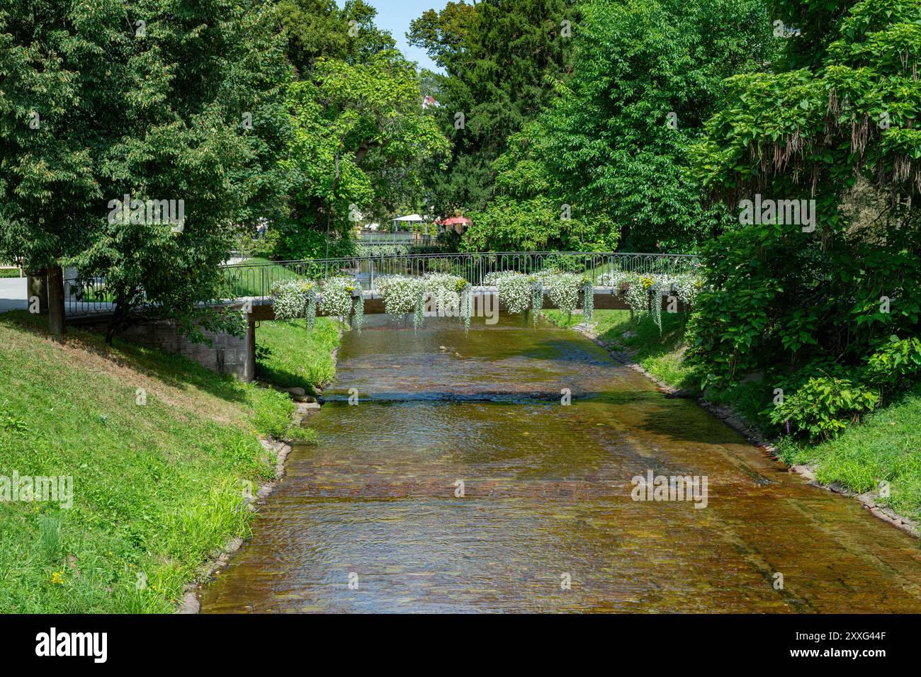 Ponts sur la romantique rivière Oos dans le parc de la ville de Baden-Baden, Allemagne, Europe Banque D'Images