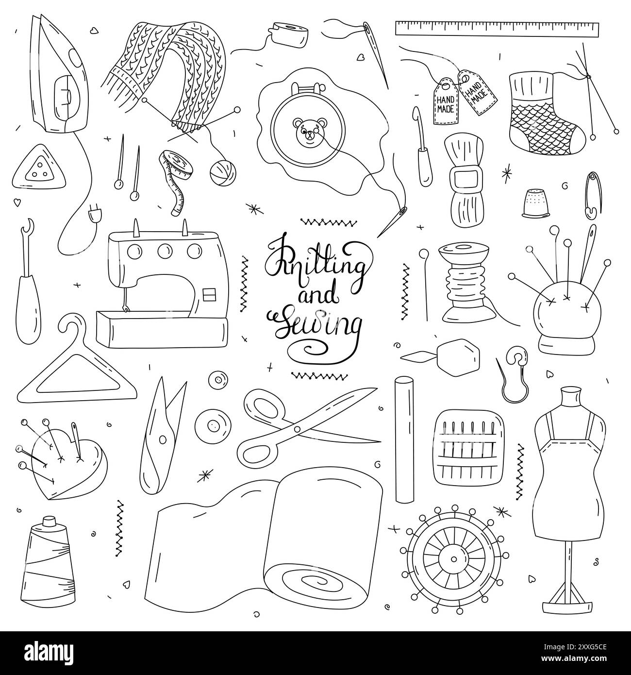 Illustration vectorielle Doodle - ensemble de fournitures de tricot et de couture. Aiguilletage, fil, broches, boutons, fil, barre à aiguilles, macramé, couture. Parfait pour Illustration de Vecteur