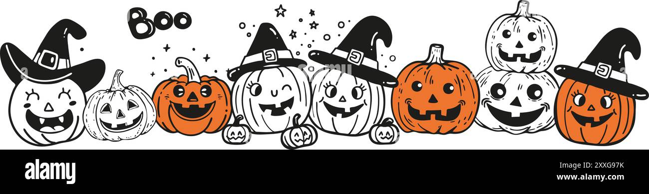 Bannière horizontale Happy Halloween avec citrouilles souriantes finies, jack o lanterne sur blanc. Illustration de Vecteur