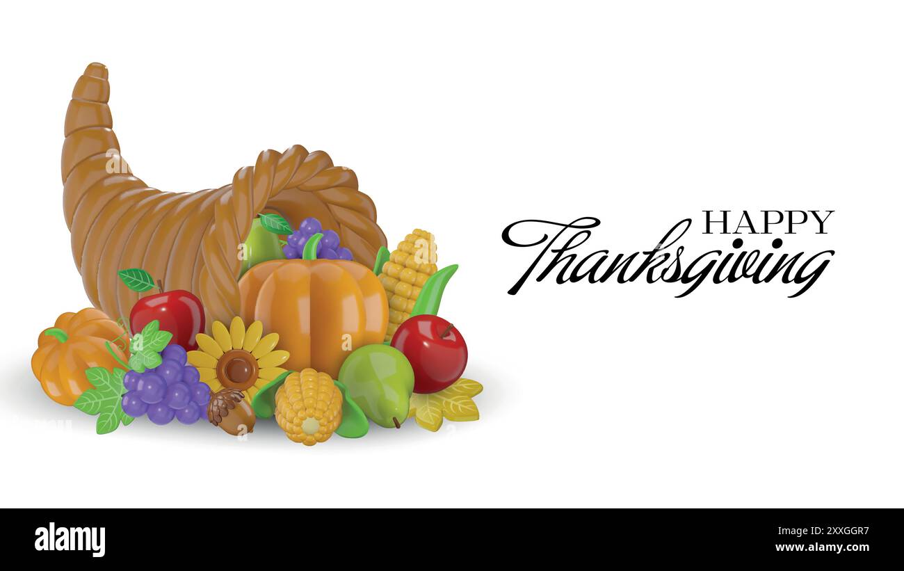 bannière de thanksgiving avec cornucopia 3d et fruits d'automne Illustration de Vecteur