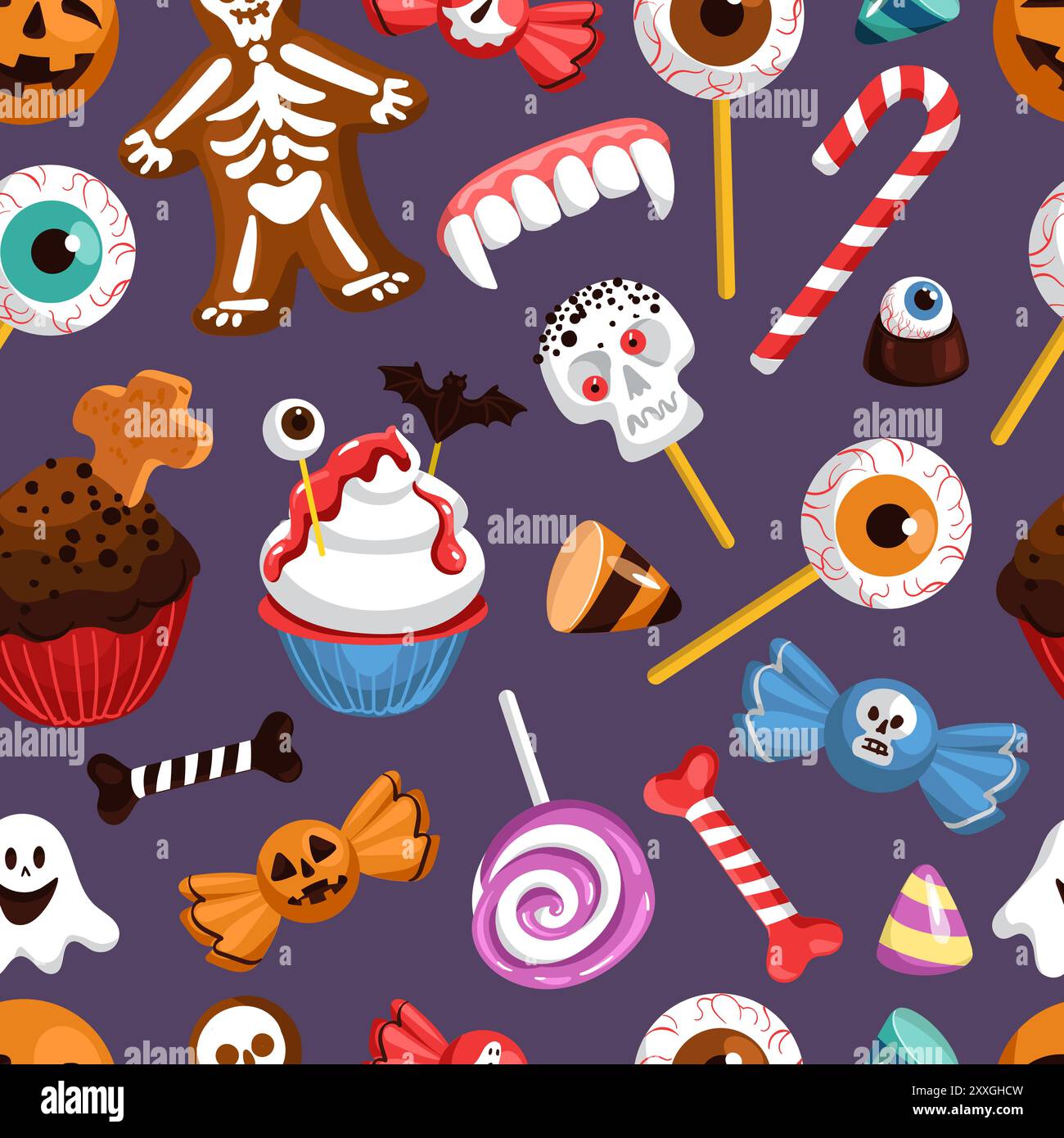 Motif sans couture de bonbons d'Halloween. Produits sucrés. Bonbons effrayants des fêtes. Sucettes oculaires. Biscuits effrayants. Guimauves fantômes. Gelées effrayantes. Répété Illustration de Vecteur
