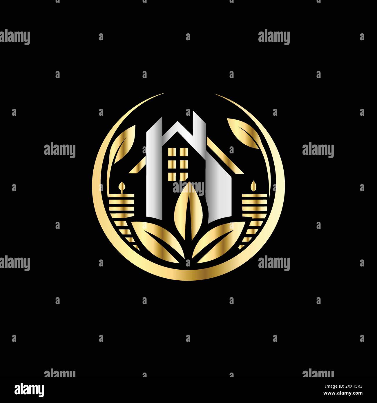 Immobilier, propriété et construction logo Design. Maison de luxe abstraite et logo arbre. Bâtiment abstrait, Maison et icône de couronne de Laurel. Illustration de Vecteur