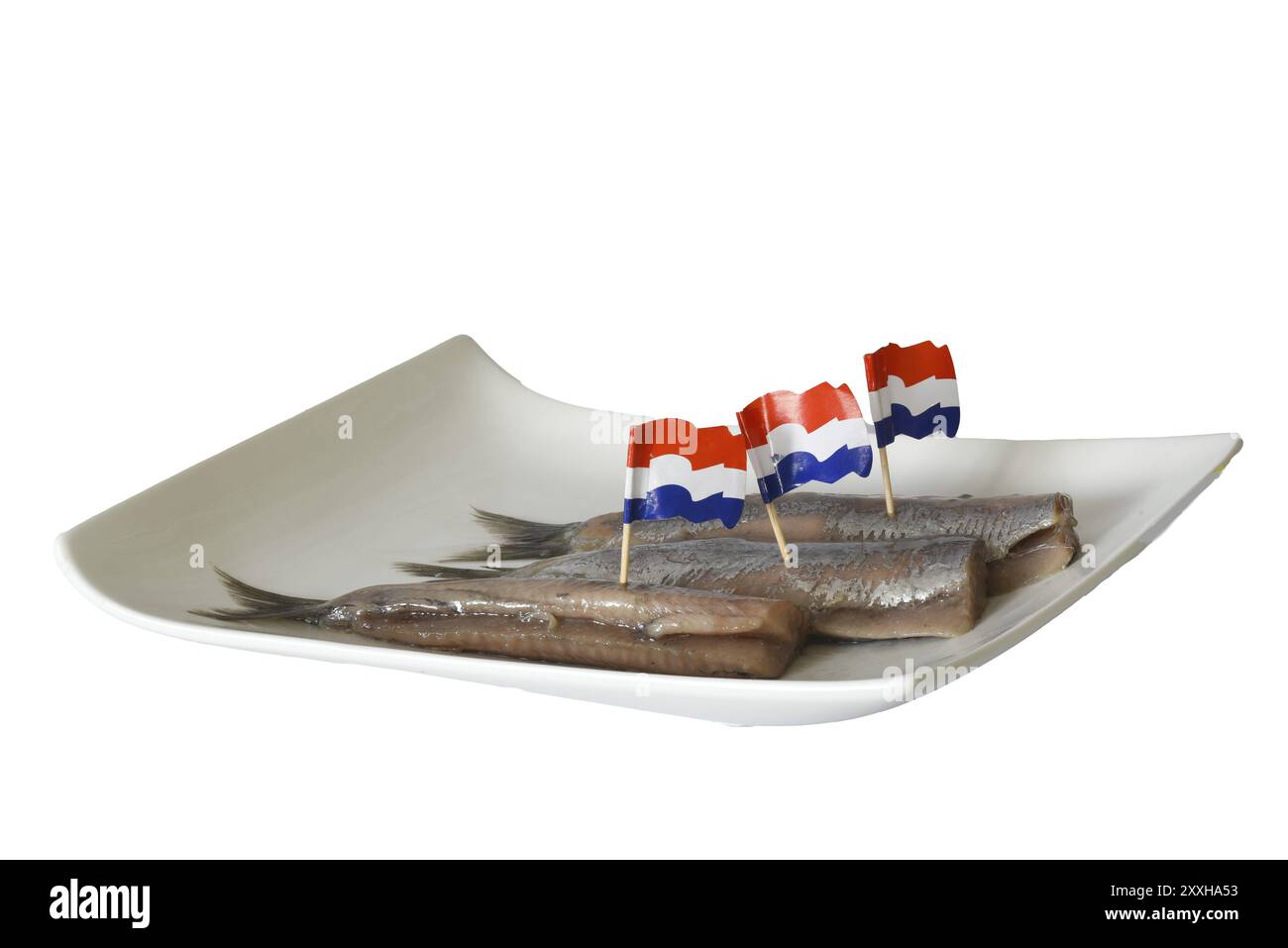 Den Helder, pays-Bas. Juin 2022. Hareng cru frais sur une assiette blanche. Isolé. mise au point sélective Banque D'Images