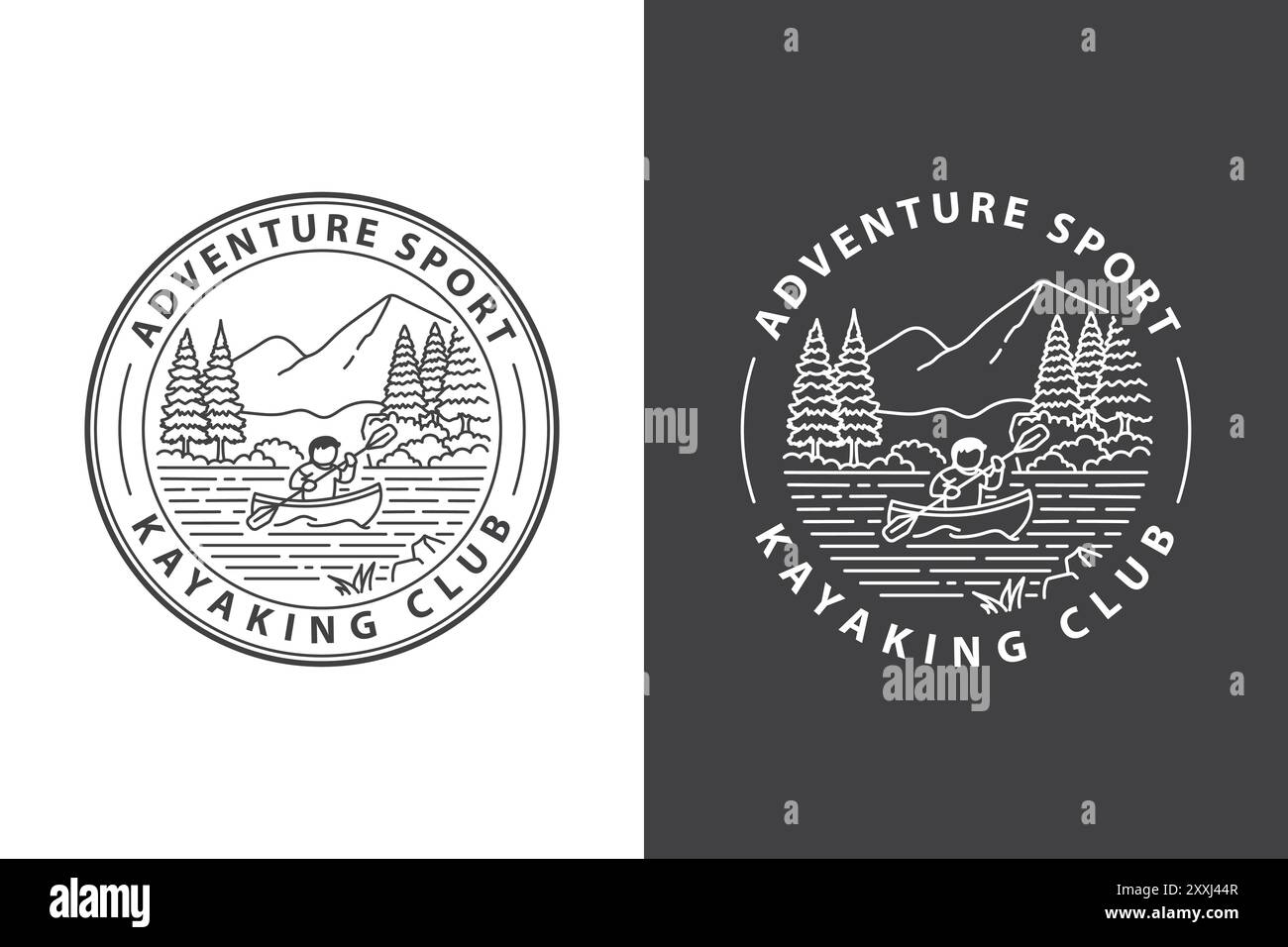 Logo circulaire représentant une personne faisant du kayak sur un lac entouré d'arbres et d'une montagne, avec le texte « Adventure Sport kayak Club ». Illustration de Vecteur