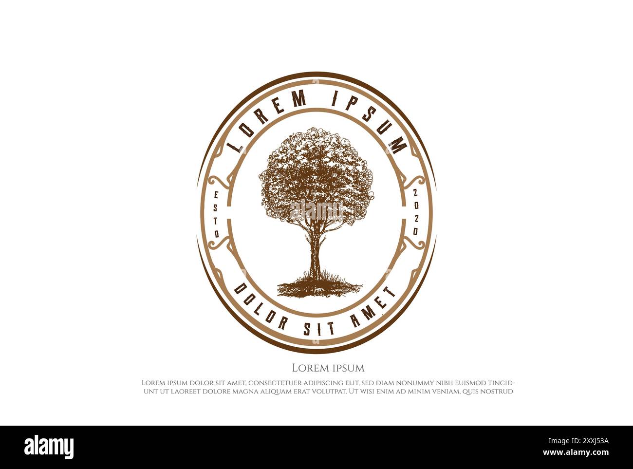 Rustique Hand Drawn Oak Banyan Maple Tree badge Emblem Label logo Design vecteur Illustration de Vecteur