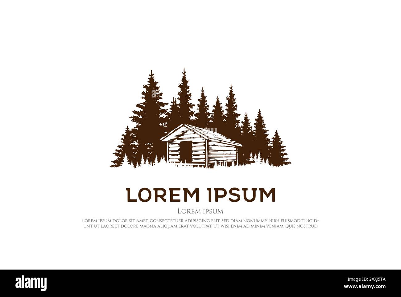 PIN Cedar Spruce Conifer Evergreen Fir Larch Hemlock Cypress Trees Forest avec cabine en bois Chalet Cottage Barn logo Vector Illustration de Vecteur