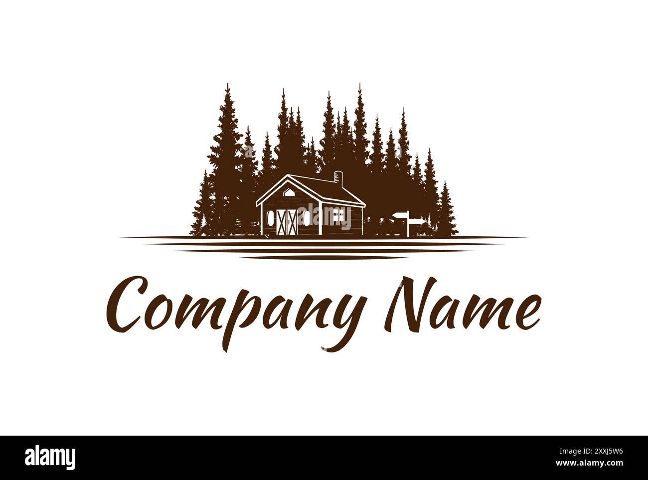 Vintage rétro cabine en bois Chalet Barn Cottage avec Pine Cedar Spruce Conifer Evergreen Fir Larch Hemlock Cypress Trees Forest logo Design Vector Illustration de Vecteur