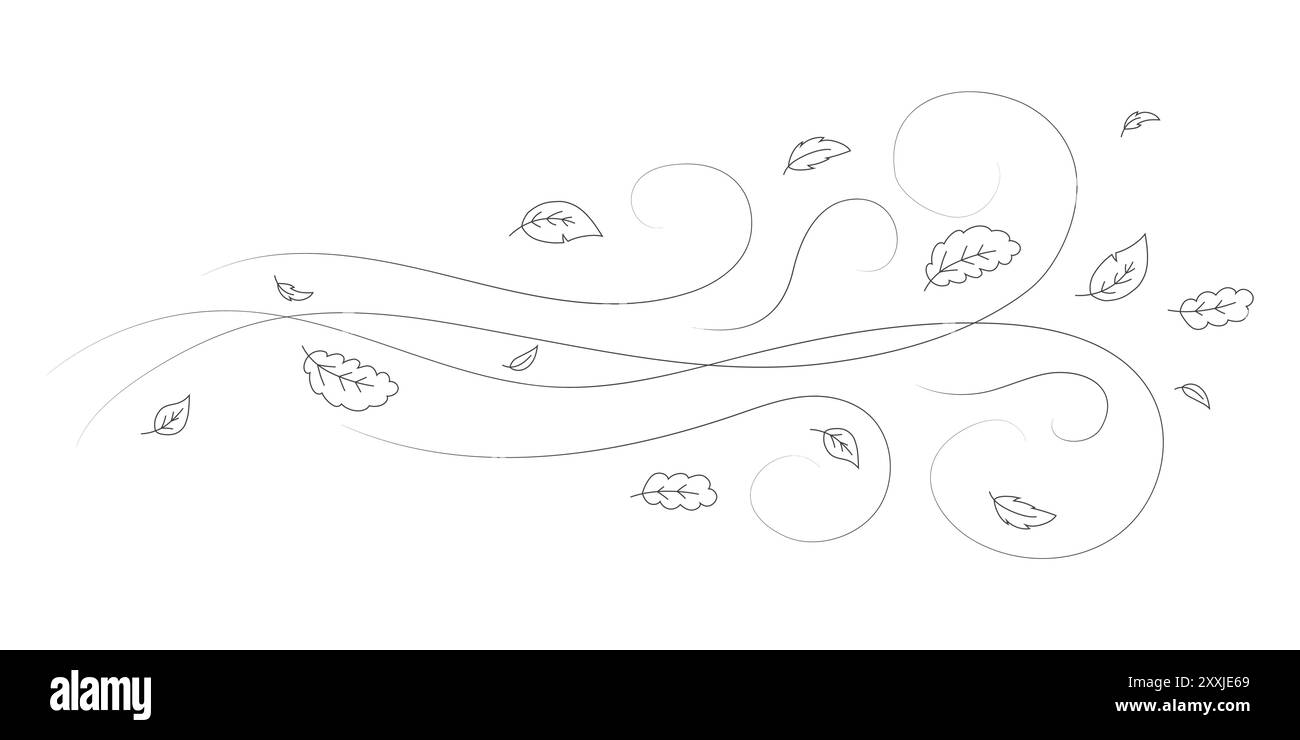 Doodle feuilles d'automne volent dans le vent. Toile de fond du contour de la saison d'automne, le flux d'air laisse un motif linéaire de vague ou une impression vectorielle de gribouillage soufflant le vent Illustration de Vecteur