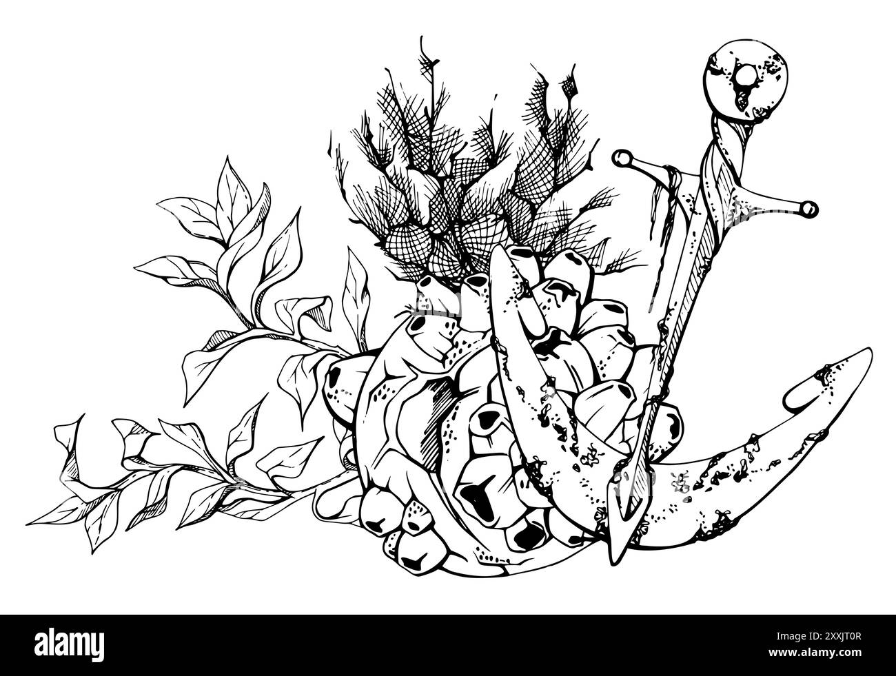 La vie marine, l'océan sous-marin créatures poissons, coquillages algues algues, encre et stylo dessin à la main. Illustration de composition, stylisée, isolée sur Illustration de Vecteur