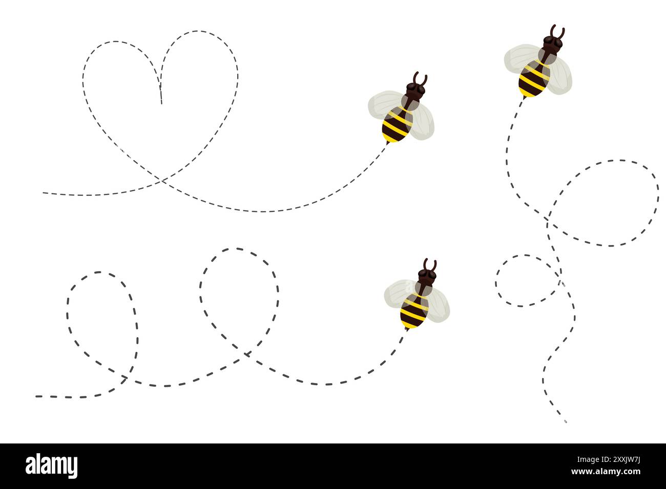 Bee Flying sentier pointillé, chemin de ligne. Itinéraire Bumblebee fly voyage pour le voyage. Conception de produit miel, abeille avec des ailes mignonnes. Illustration vectorielle Illustration de Vecteur