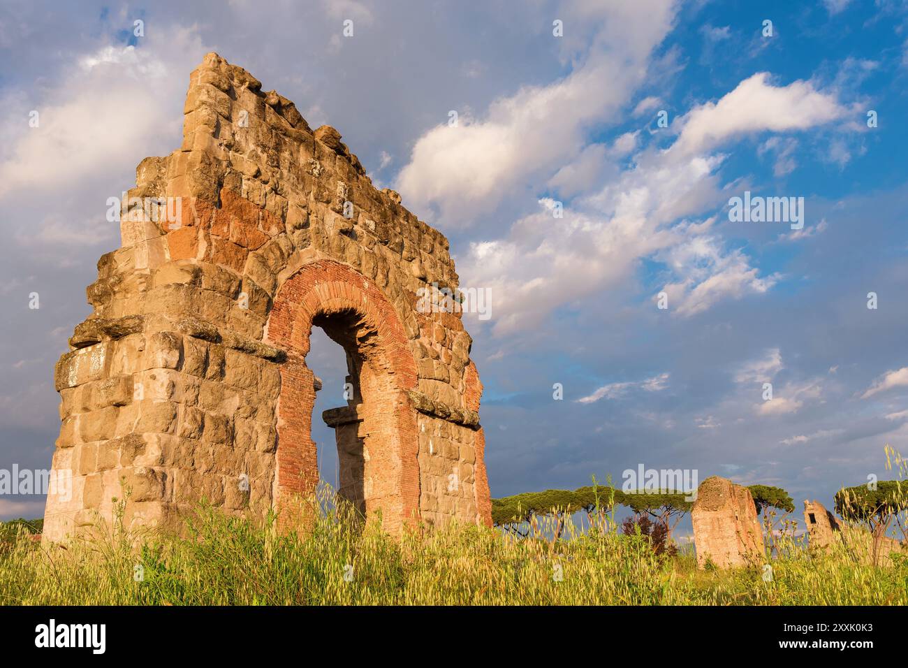 Ancien aqueduc romain de belles ruines d'arches dans le parc public de Rome avec de beaux nuages Banque D'Images