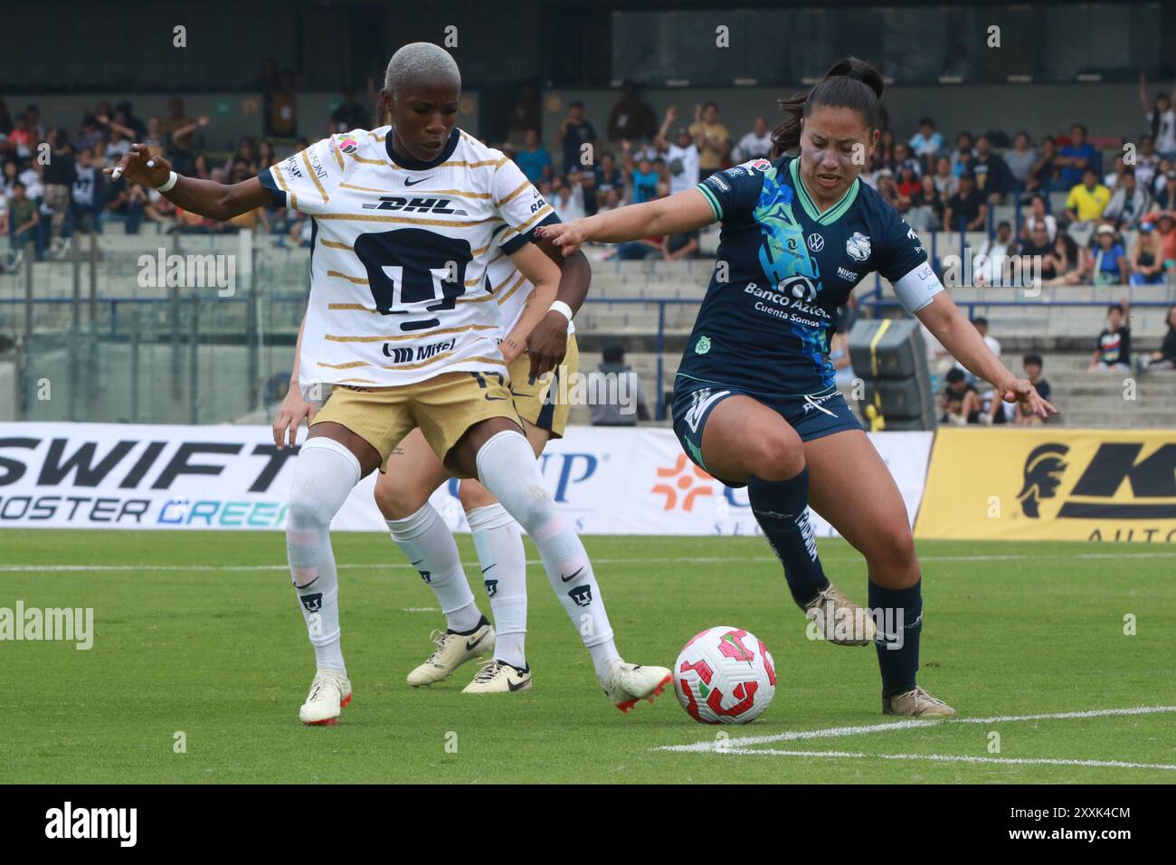 Dulce Martínez #16 du Club Puebla et Deneisha Blackwood #14 du Pumas UNAM se battent pour le ballon lors du match de 7e tour entre le Pumas UNAM et le Club Puebla dans le cadre de la Liga MX féminine Torneo Apertura 2024 à l'Estadio Olímpico Universitario. Score final Pumas 2 -1 Puebla. Le 23 août 2024 à Mexico, Mexique. (Photo de Jose Luis Torales/Eyepix Group/SIPA USA) Banque D'Images