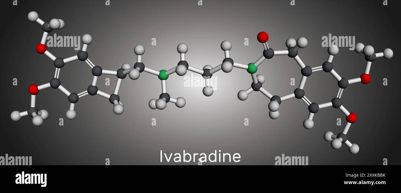 Molécule d'ivabradine. C'est un médicament contre l'angine de poitrine. Modèle moléculaire. Rendu 3D. Illustration Banque D'Images