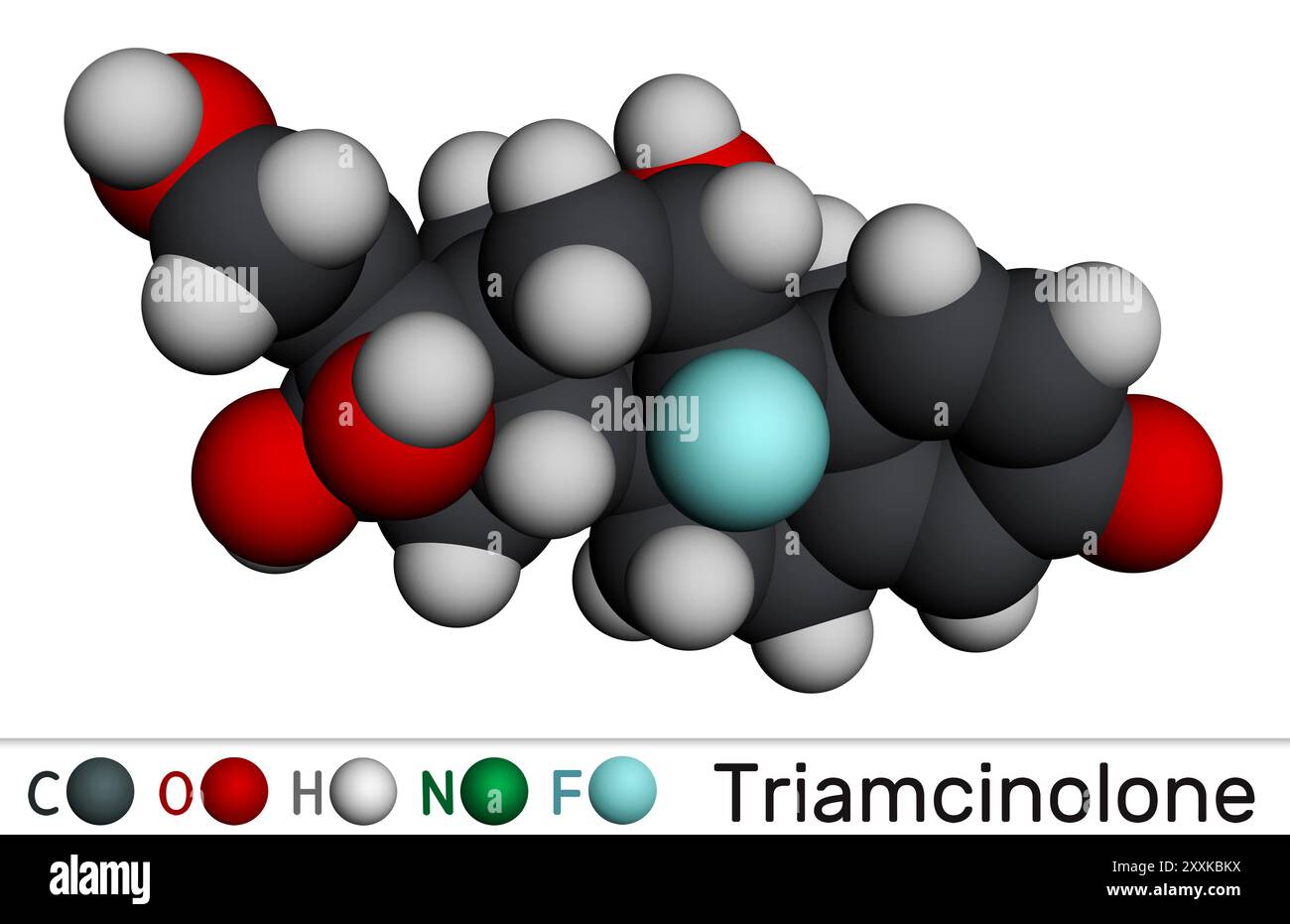 Molécule de triamcinolone glucocorticoïde. Il est utilisé pour traiter une grande variété de conditions inflammatoires. Modèle moléculaire. Rendu 3D. Illustration Banque D'Images