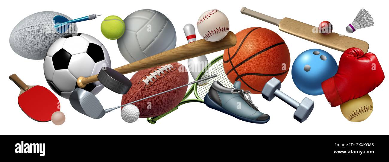 Équipement de sport de fond volant avec un ballon de football basket-ball de football, tennis de football et balle de golf, y compris ping-pong tennis hockey palet en bonne santé Banque D'Images