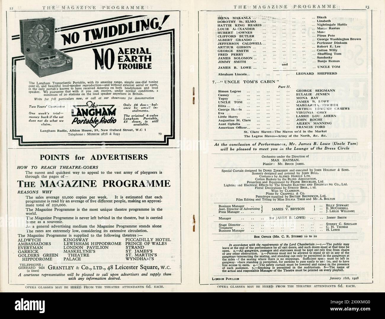 Page avec liste partielle des acteurs et invitation à rencontrer JAMES B. LOWE dans le Lounge of the Dress Circle après la projection du film et ses apparitions en direct sur scène du London Pavilion programme à partir de janvier 1928 pour JAMES B. LOWE GERTRUDE HOWARD ARTHUR EDMUND CAREWE VIRGINIA GREY MARGARITA FISCHER MONA RAY et GEORGE SIEGMANN dans ONCLE TOM'S CABIN 1927 réalisateur HARRY A. POLLARD Story Harriet Beecher Stowe Producteur silencieux avec musique musicale Hugo Riesenfeld Carl Laemmle Universal Pictures Banque D'Images