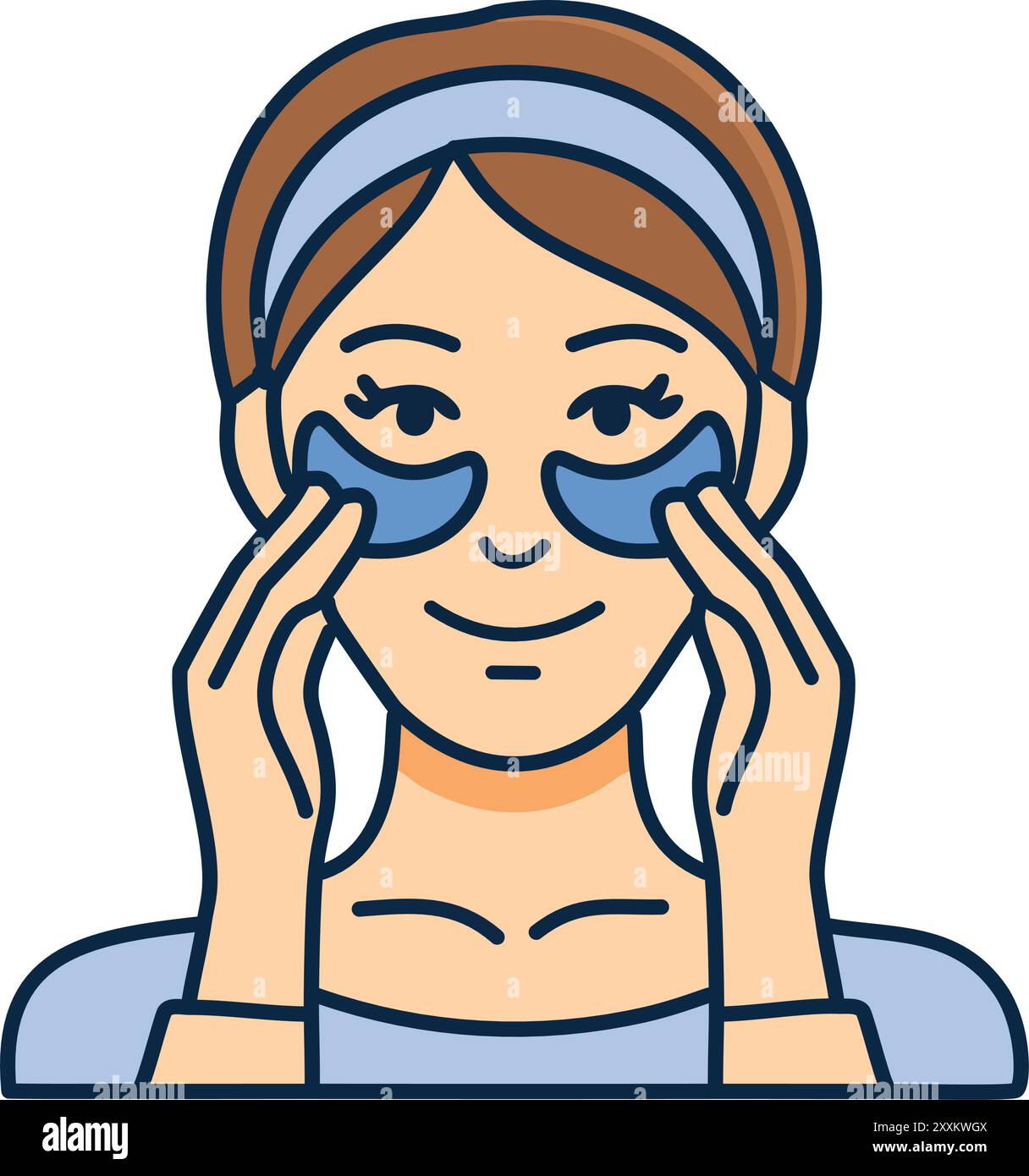 Femme appliquant des patchs oculaires pour les soins de la peau. Une jeune femme applique des patchs oculaires pour les soins de la peau. Elle est souriante et semble heureuse de sa routine beauté. Illustration de Vecteur