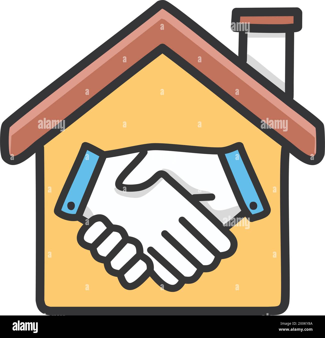 Accord de poignée de main vendeur acheteur maison. Illustration d'une poignée de main dans une maison, symbolisant un accord immobilier ou un partenariat. Illustration de Vecteur