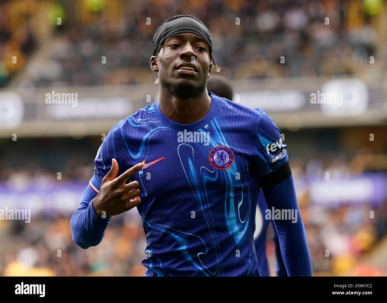 Wolverhampton, Royaume-Uni. 25 août 2024. Noni Madueke de Chelsea célèbre avoir marqué son quatrième but lors du match de premier League à Molineux, Wolverhampton. Le crédit photo devrait se lire : Andrew Yates/Sportimage crédit : Sportimage Ltd/Alamy Live News Banque D'Images