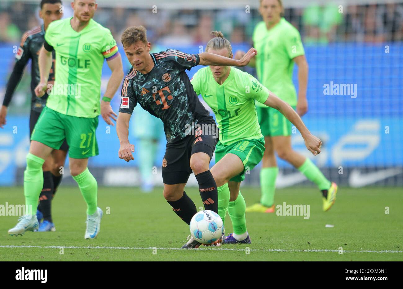 Wolfsburg, Allemagne. . 25 août 2024. Wolfsburg, Allemagne. 25 août 2024. firo : 25.08.2024, football, football, 1. Ligue, 1. Bundesliga, saison 2024/2025, VfL Wolfsburg - FC Bayern Munich Muenchen (LR) JOSHUA KIMMICH ET Lovro Majer du VfL Wolfsburg bataille pour le ballon crédit : dpa/Alamy Live News crédit : dpa Picture alliance/Alamy Live News Banque D'Images