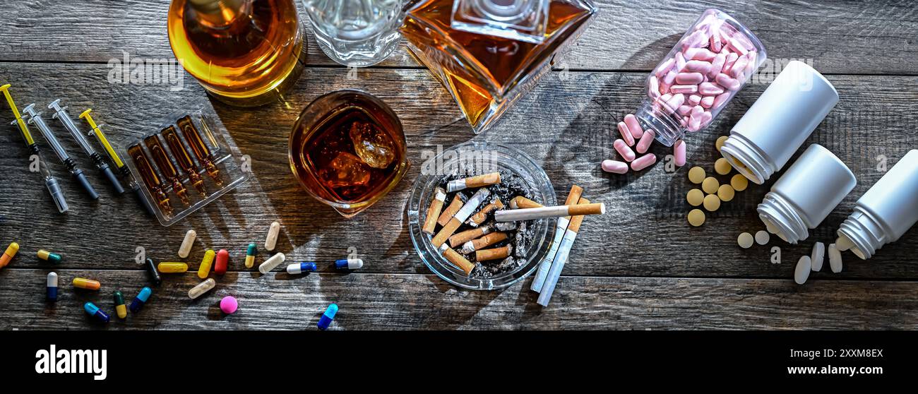 Les substances addictives, y compris l'alcool, les cigarettes et les drogues. Banque D'Images