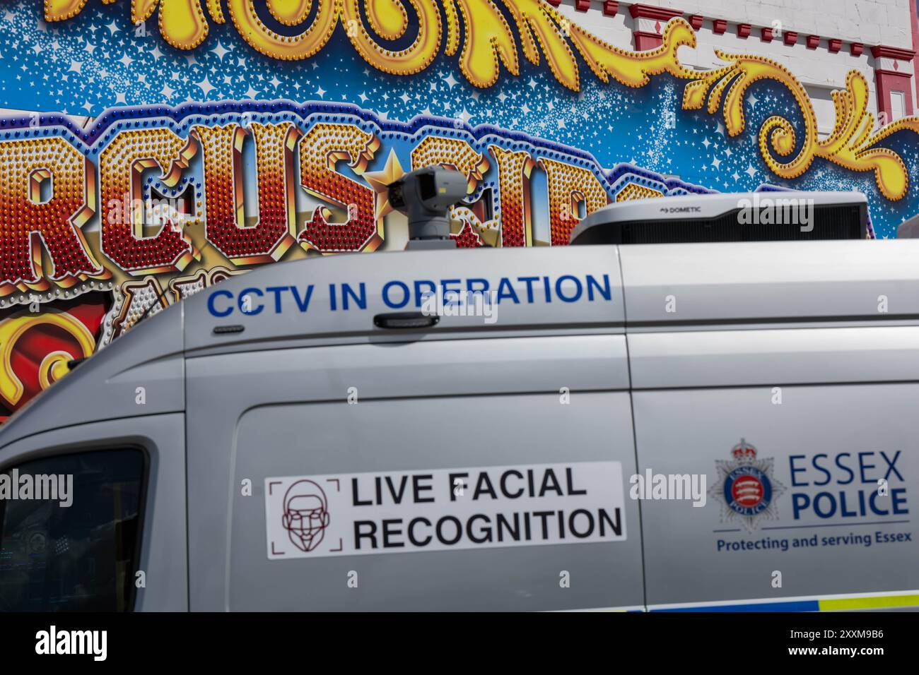 Southend on Sea, Essex 25 août 2024 la police d'Essex utilise la technologie de reconnaissance faciale en direct CCTV à Southend on Sea pendant le week-end de vacances bancaires. Crédit : Ian Davidson/Alamy Live News Banque D'Images