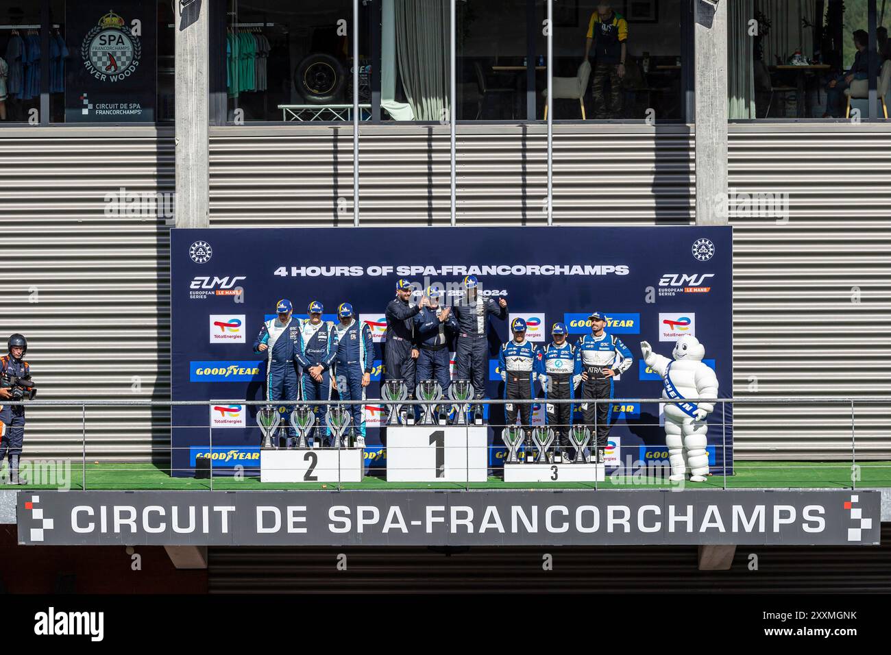 Francorchamps, Belgique, 25 août 2024, podium LMP3 : #11 Eurointernational (Ita) - Ligier js P320/Nissan (LMP3) - Matthew Richard Bell (GbR) Adam Ali (CAN) - #31 Racing Spirit of Leman (Che) - Ligier js P320/Nissan (LMP3) - Jacques Wolff (Fra) Jean-Ludovic Foubert (Fra) Antoine Doquin (Fra) - #17 Cool Racing (Che) - Ligier Pprit) - Ligier Ppr320 (Cédr) Cristóvão (Céd. 4ème manche de la European le Mans Series 2024 au circuit de Spa-Francorchamps (Belgique), le 25 août 2024 - photo Kristof Vermeulen - CR Banque D'Images