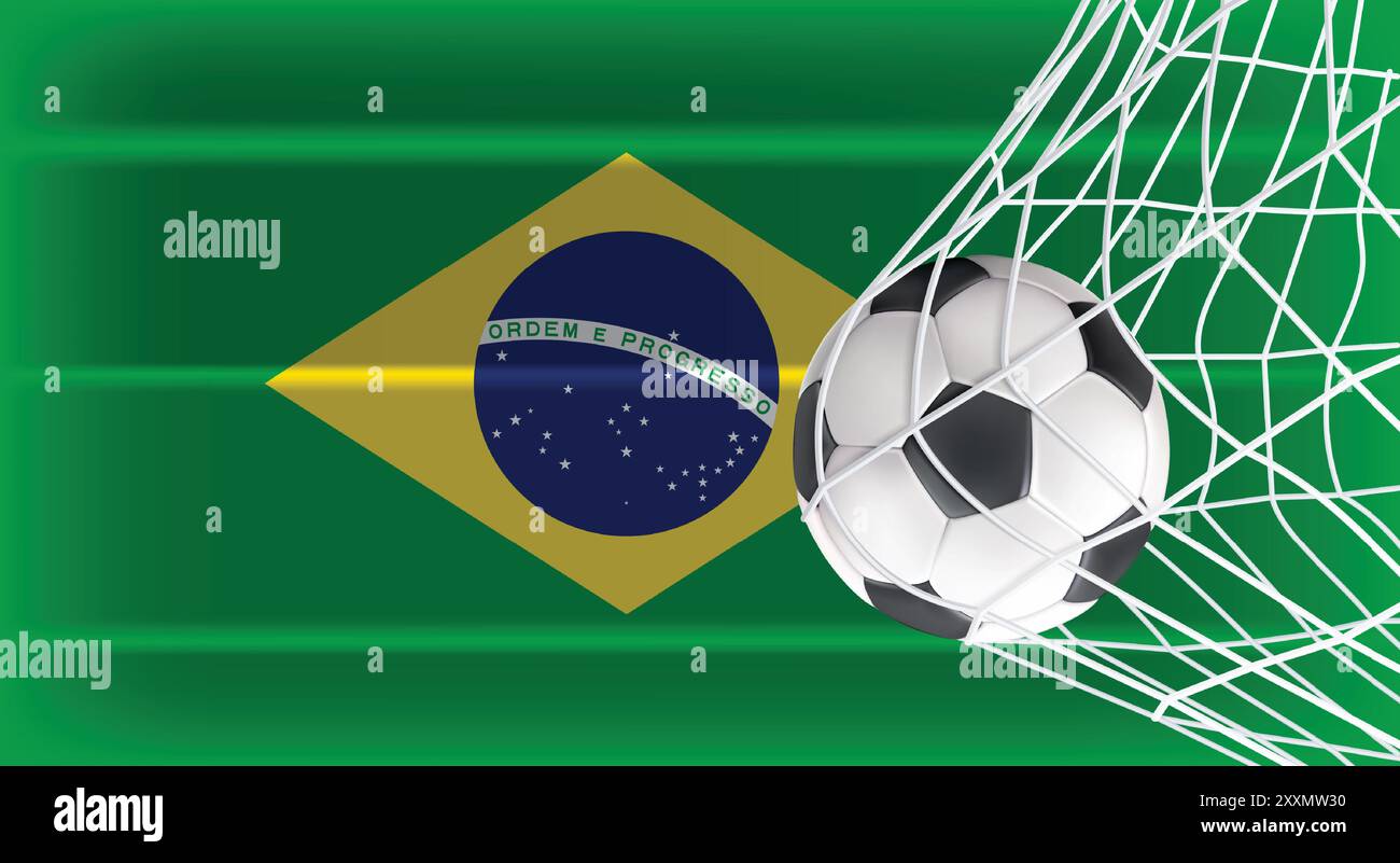 Football ou ballon de football dans Goal Net isolé sur le drapeau ombragé du Brésil, équipement accessoire de sport pour jouer jeu, championnat et conception de compétition Illustration de Vecteur
