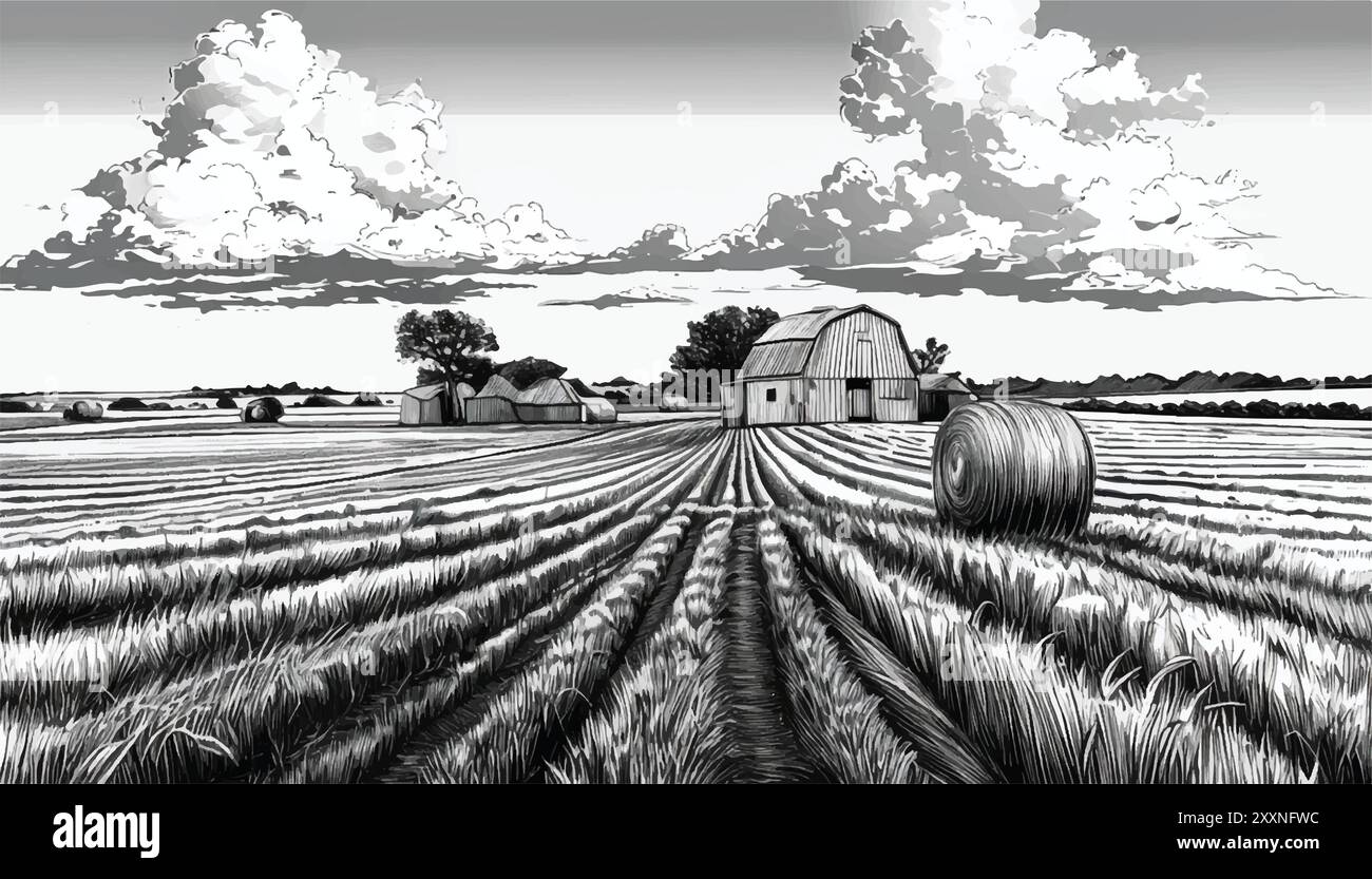 Paysage agricole. Ferme sur le champ rétro croquis dessiné à la main. Zone rurale. Croquis de ferme. Dessin agricole. Illustration vectorielle. Illustration de Vecteur