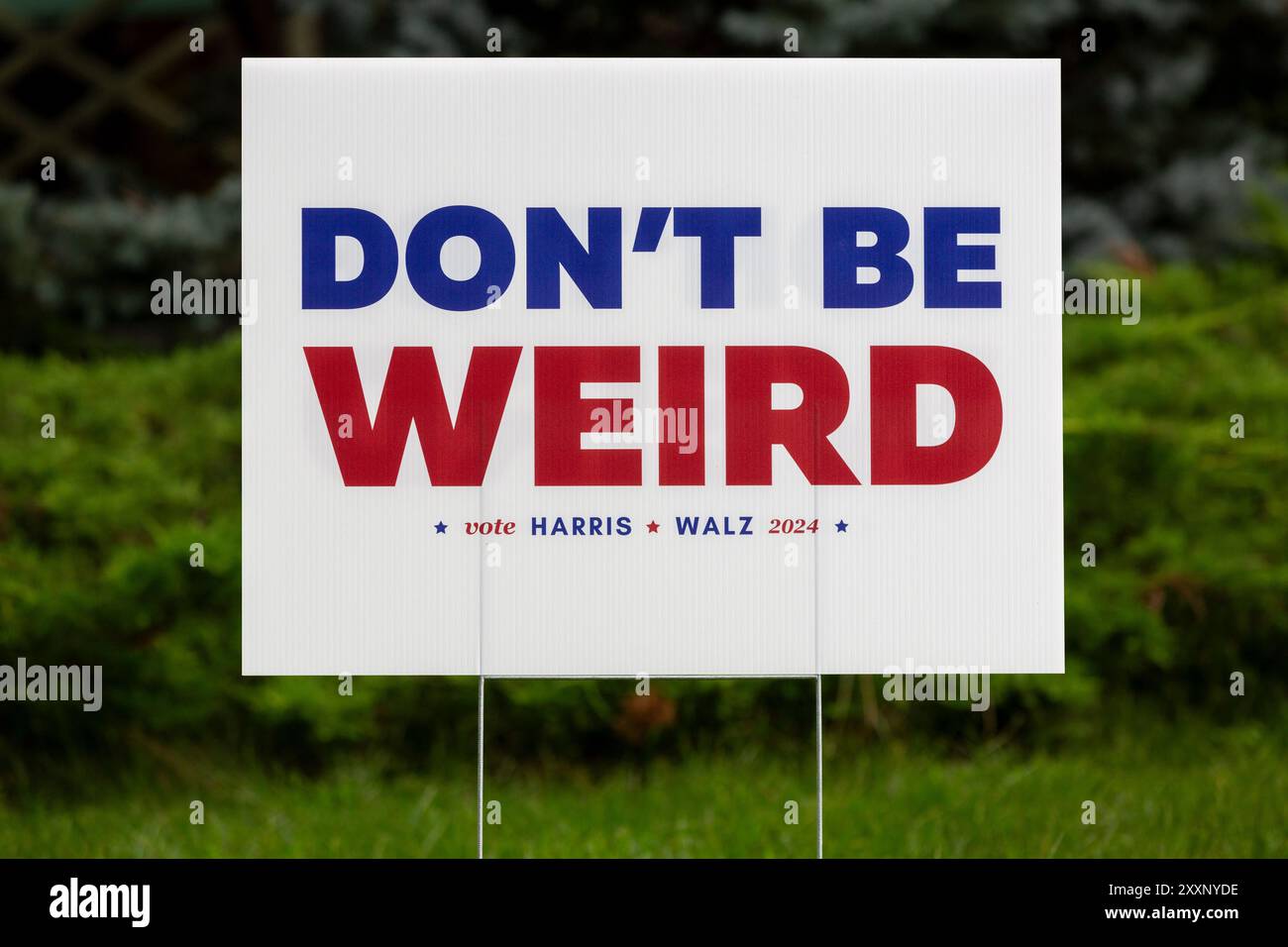 Signature de la cour des élections présidentielles américaines de 2024 pour le vice-président démocrate Kamala Harris et le gouverneur du Minnesota Tim Walz avec le slogan « ne soyez pas bizarre ». Banque D'Images