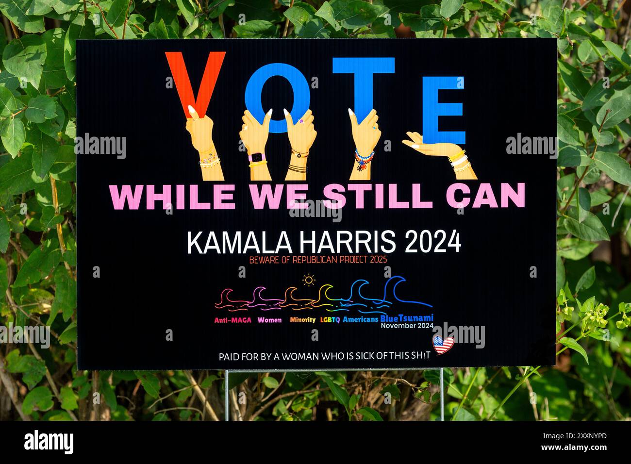 Signature de la cour des élections présidentielles américaines de 2024 pour le vice-président démocratique Kamala Harris. Le signe indique : « votez pendant que nous sommes encore Can. Méfiez-vous des républicains Banque D'Images