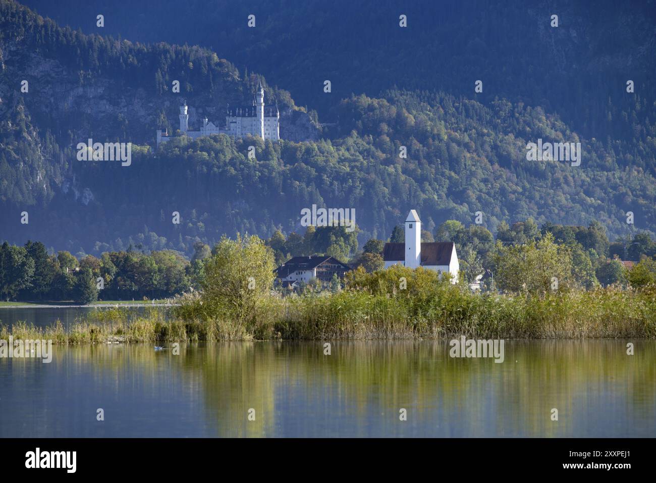 Forggensee près de Fuessen, derrière elle Waltenhofen et château de Neuschwanstein, Ostallgaeu, Allgaeu, Souabe, Bavière, Allemagne, Europe Banque D'Images