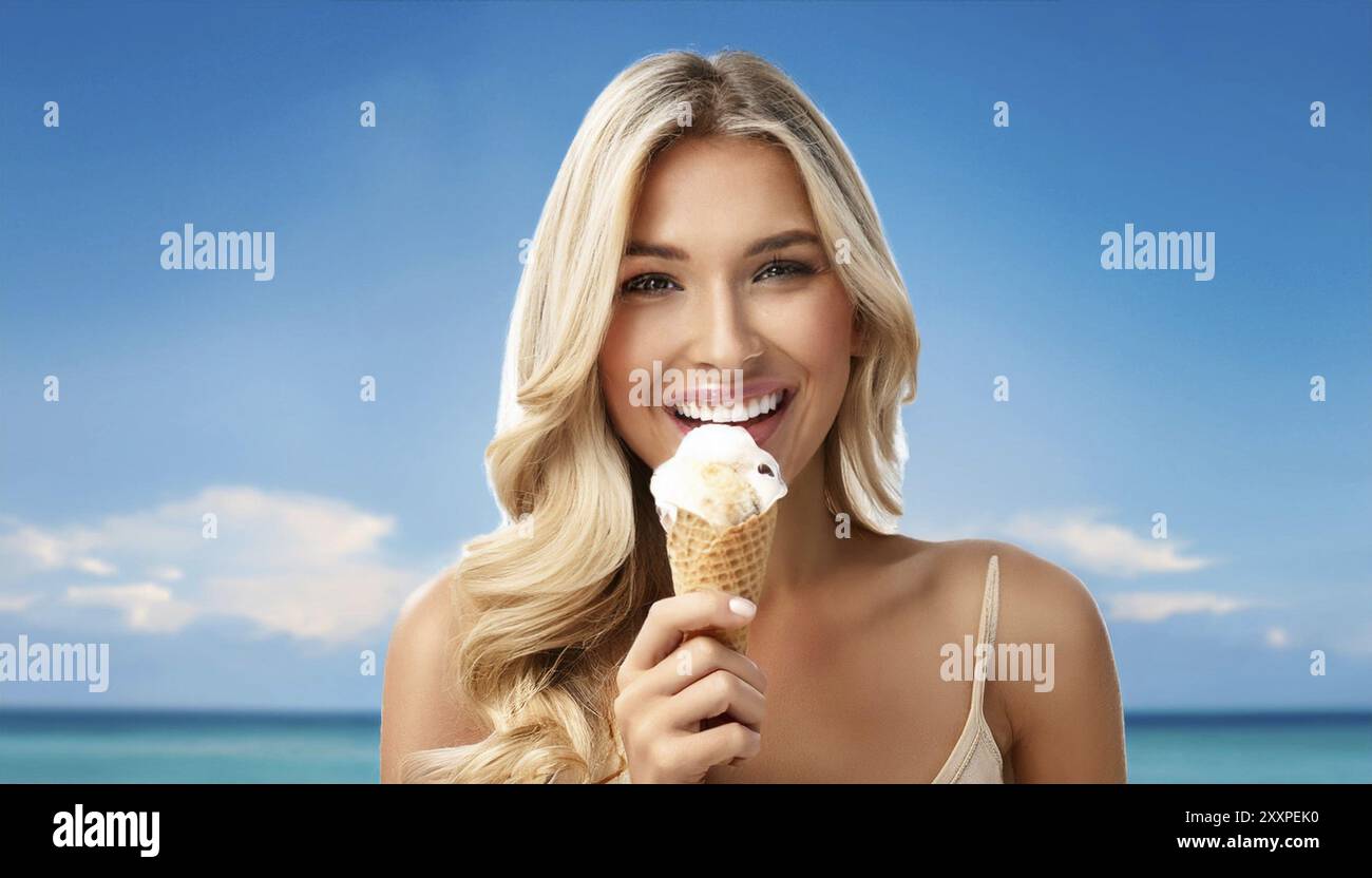 Une femme blonde aime manger une glace dans un cône Banque D'Images