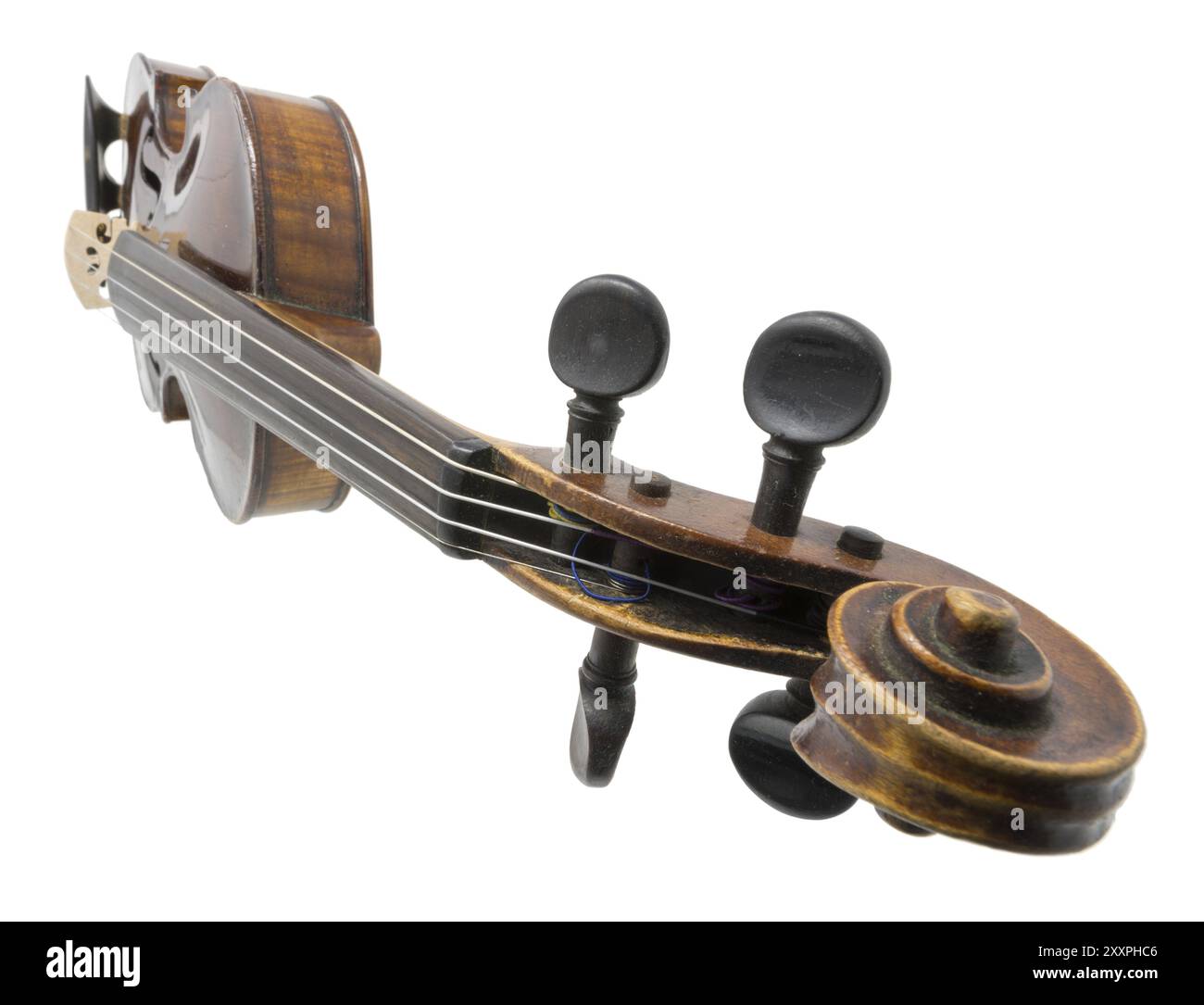 Vieux violon brillant avec pegbox peint sur blanc Banque D'Images
