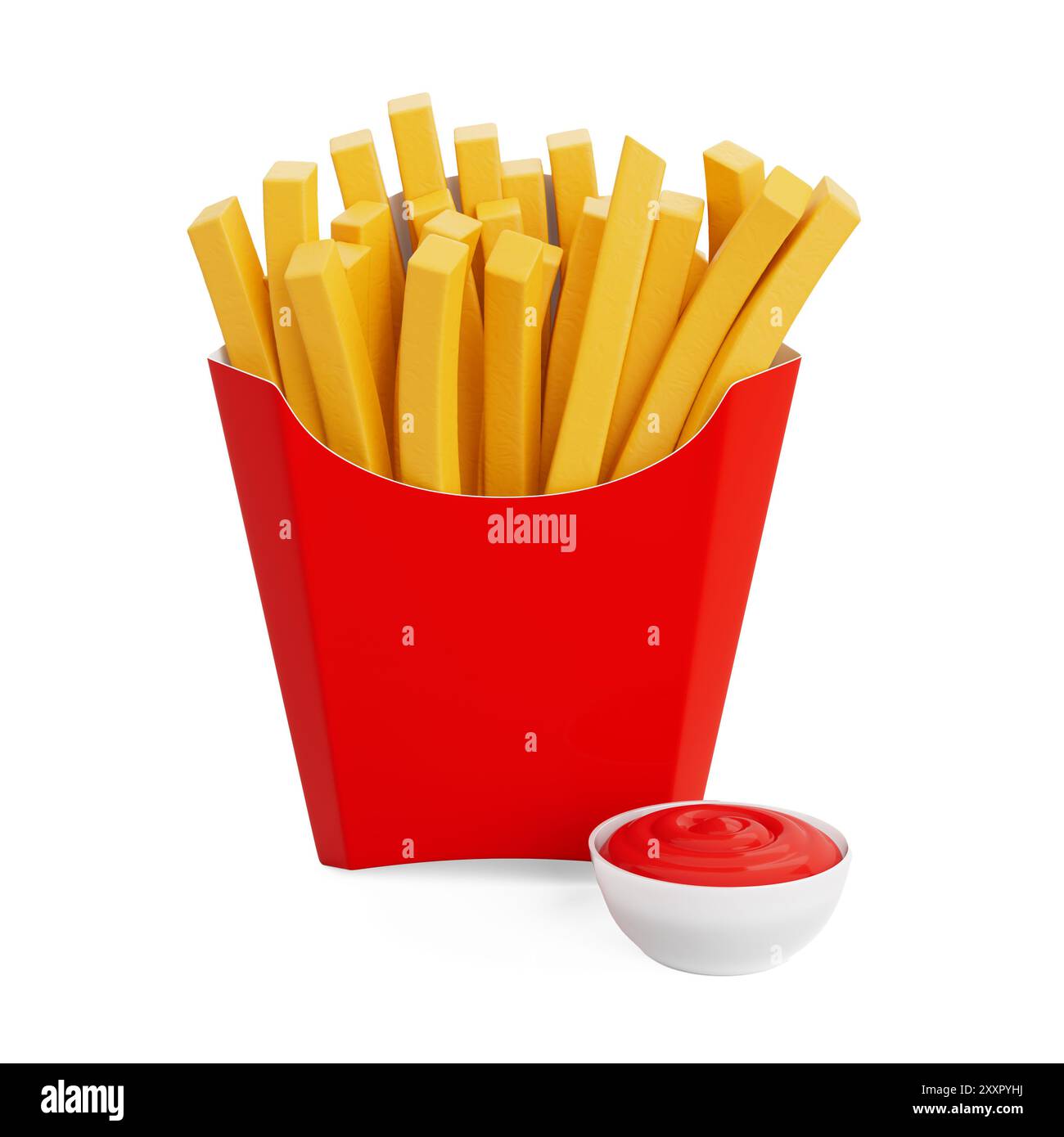 Frites dans un seau en papier rouge et sauce tomate de dessin animé dans une assiette en céramique blanche sur un fond blanc. Rendu 3D. Banque D'Images