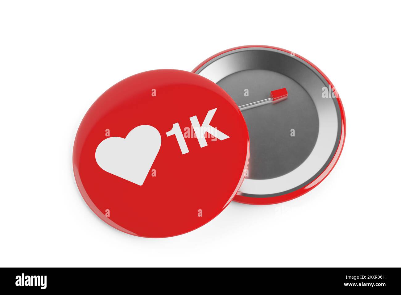 Badges rouges vue avant et arrière avec réseau de médias sociaux Love et Like Heart sur fond blanc. Rendu 3D. Banque D'Images