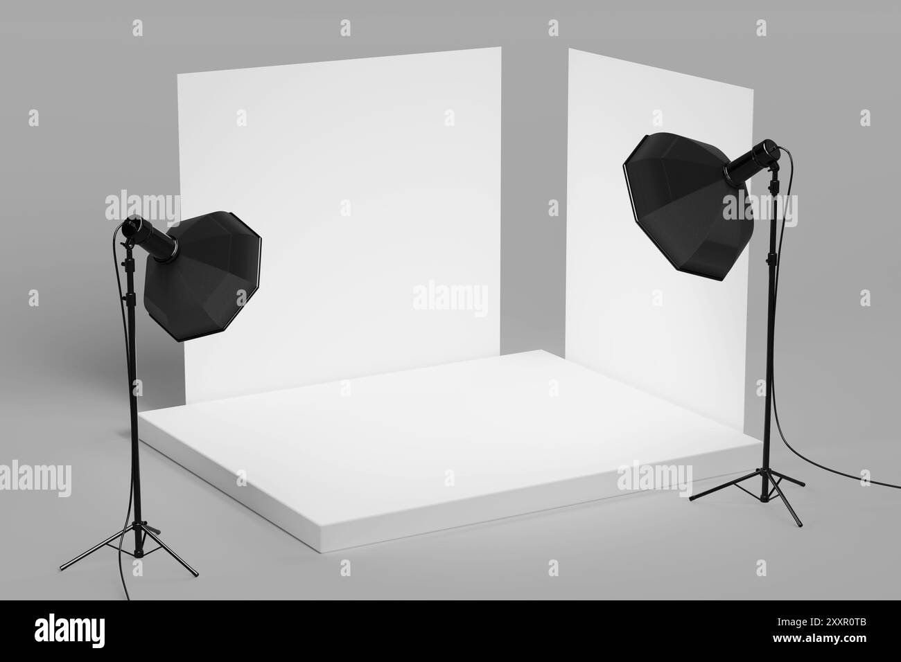 Fond de photo blanc vide moderne et Softboxes dans Studio sur un fond blanc. Rendu 3D. Banque D'Images