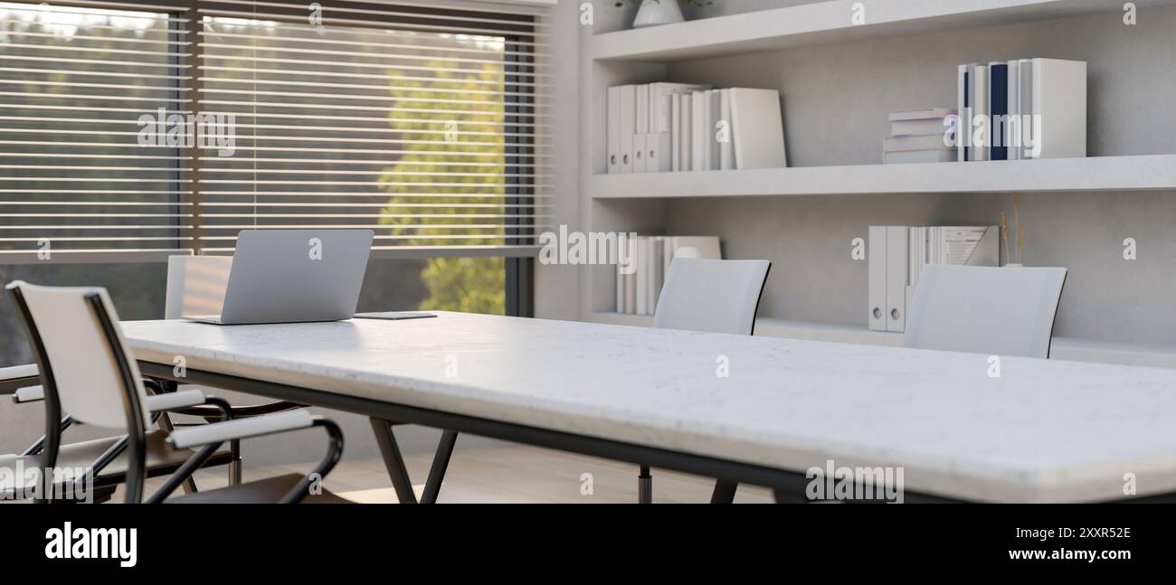 Une table de réunion blanche moderne et des fauteuils dans une salle de réunion lumineuse contemporaine. lieu de travail, salle de réunion, séminaire, consultation, rendu 3d, 3d illus Banque D'Images