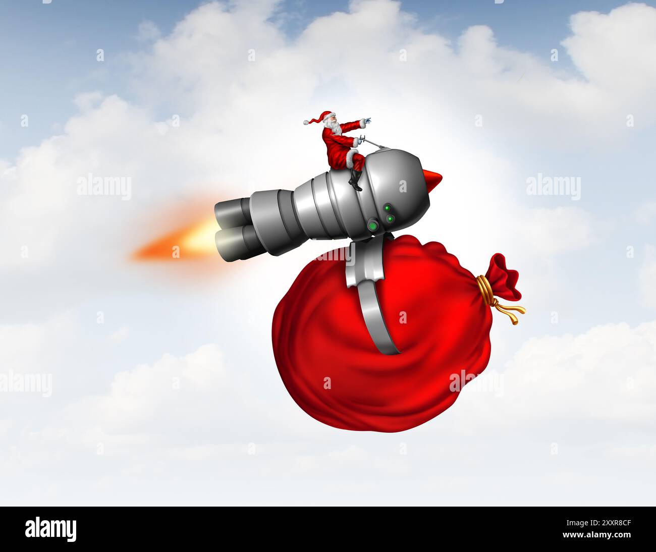 Concept de livraison de cadeau de Noël ou traîneau de santa fusée avec un concept de moteur à réaction comme Santaclaus livraison ou expédition avec un service rapide comme un donner un Banque D'Images