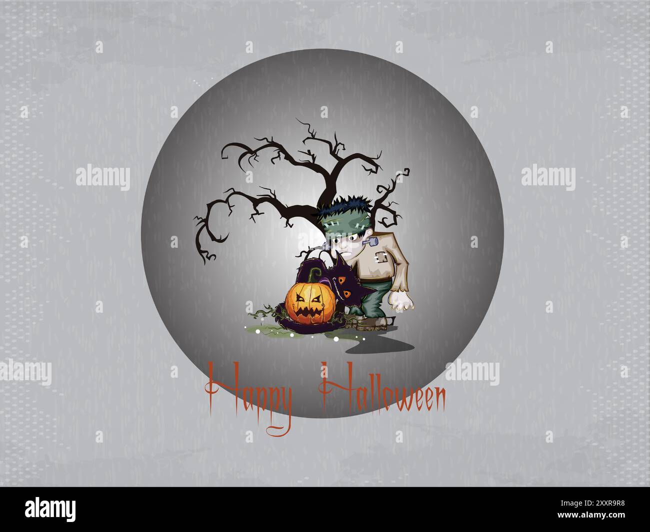 Un homme se tient debout à côté d'une citrouille et d'un arbre. L'affiche est intitulée « Happy Halloween » Illustration de Vecteur